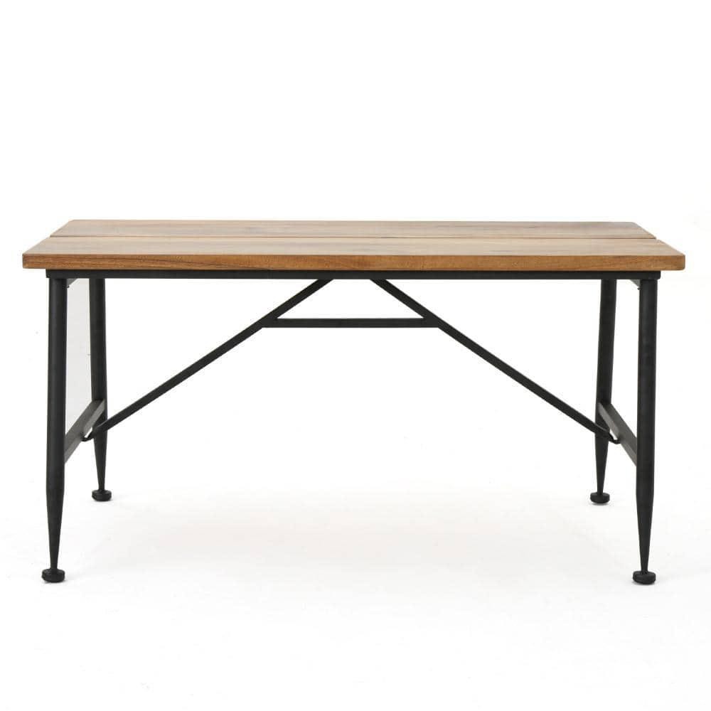 Benjara Cala Outdoor Coffee Table, 36 Inch Brown Acacia Wood, Black Metal