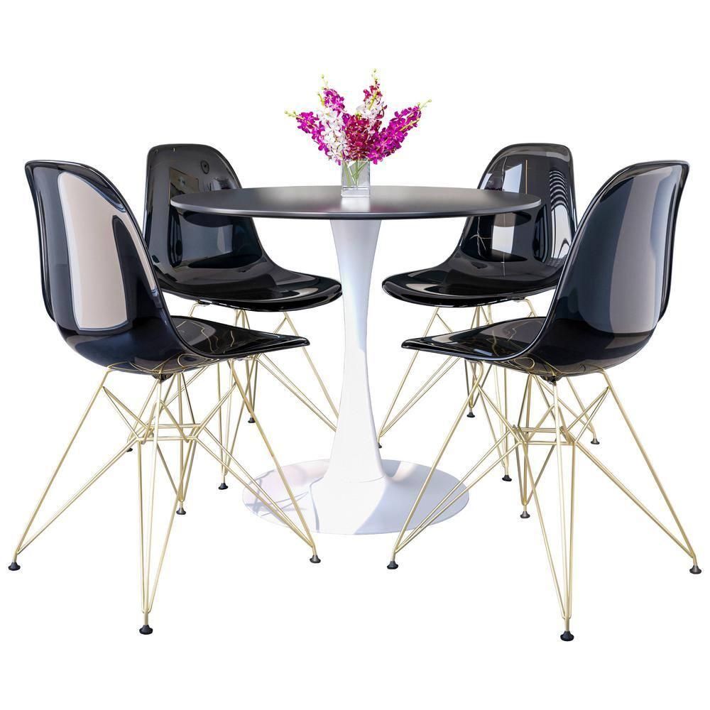 LeisureMod 5-Piece Dining Set with 35" Round Dining Table in White Iron Pedestal Base and 4 ABS Plastic Side Chair with Gold Base, Transparent Black