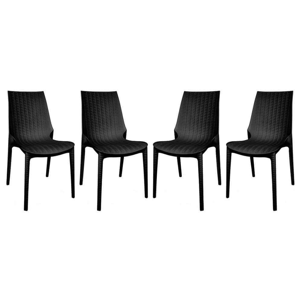 LeisureMod Kent Modern Outdoor Plastic Dining Chair Stackable Design Set of 4 in Black