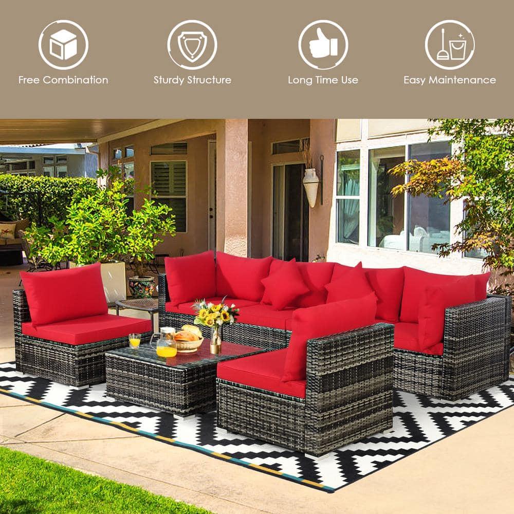 YYAo Garden Conversation Table Set, Conversation Loveseat Chairs Set,7 Pieces Patio Rattan Furniture Set Sectional Sofa Garden Cushion-Red