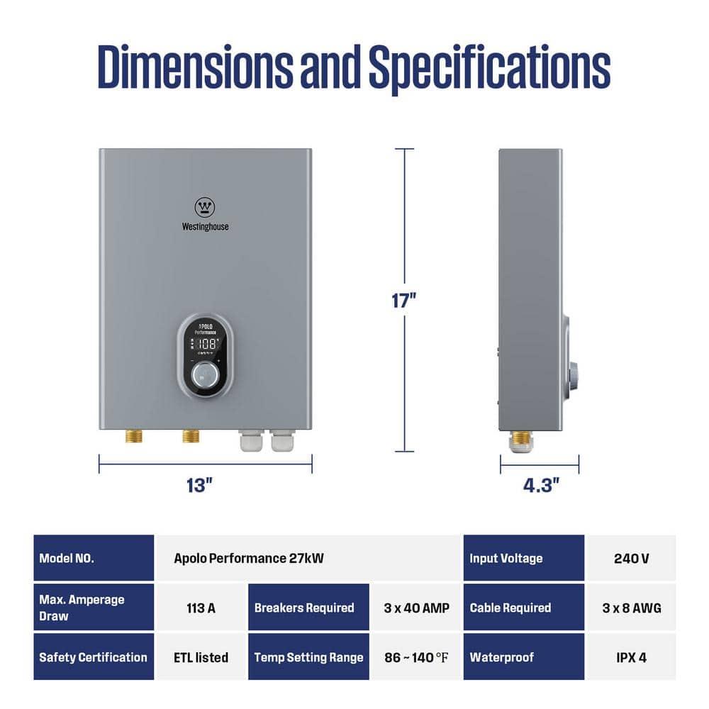 Westinghouse Apolo Performance 27 kW 6.3 GPM 240-Volt Smart WiFi Control Tankless Electric Water Heater