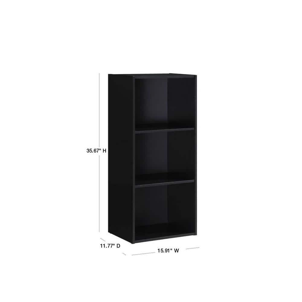 Hodedah HID23 High Quality 3 Shelf Home, Office, and School Organization Storage 35.70 Inch Tall Slim Bookcase Cabinets to Display Decor, Black
