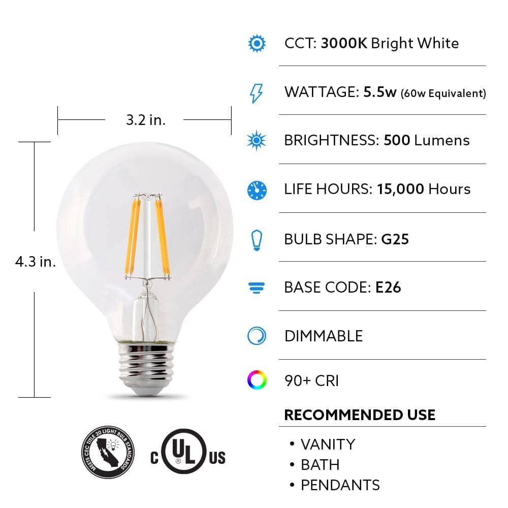Feit Electric Clear Glass Globe LED Bulbs, Pack of 3