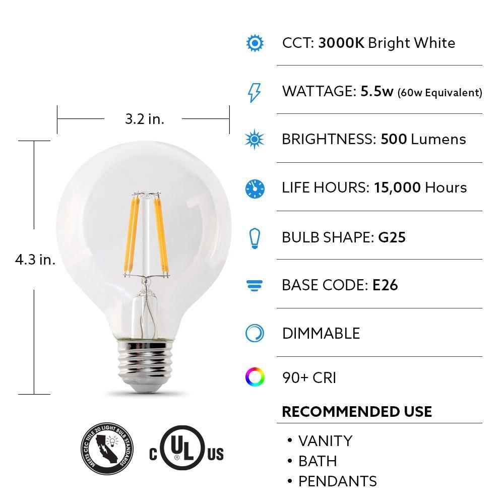 Feit Electric Clear Glass Globe LED Bulbs, Pack of 3