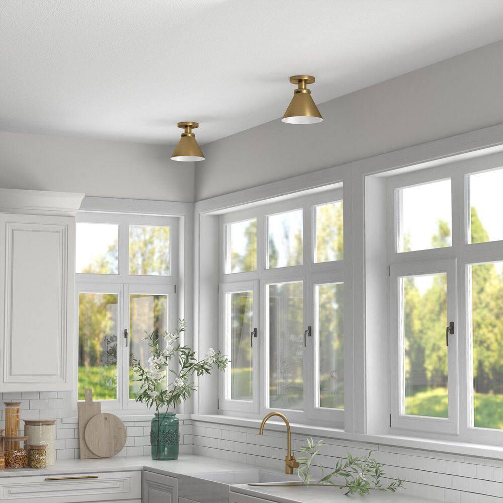 Evelyn&Zoe Zeno 8.63" Semi Flush Mount with Metal Shade in Brushed Brass/Brushed Brass