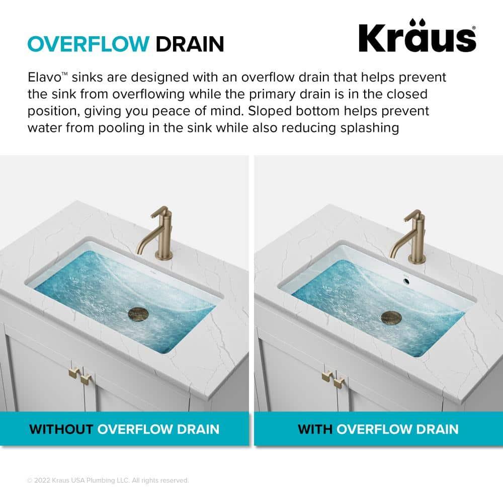 KRAUS Elavo. Rectangular Porcelain Ceramic Undermount Bathroom Sink In White With Overflow Drain, KCU-242