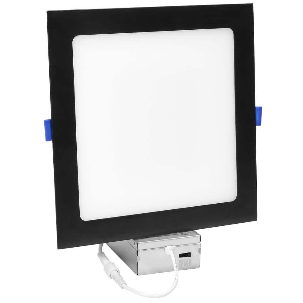 Maxxima 8 in. 5CCT Square Recessed LED Downlight, 1400 Lumens Slim Flat Panel Color Selectable 2700K/3000K/3500K/4000K/5000K, Dimmable, Canless IC Rated, Black Trim, J-Box Included