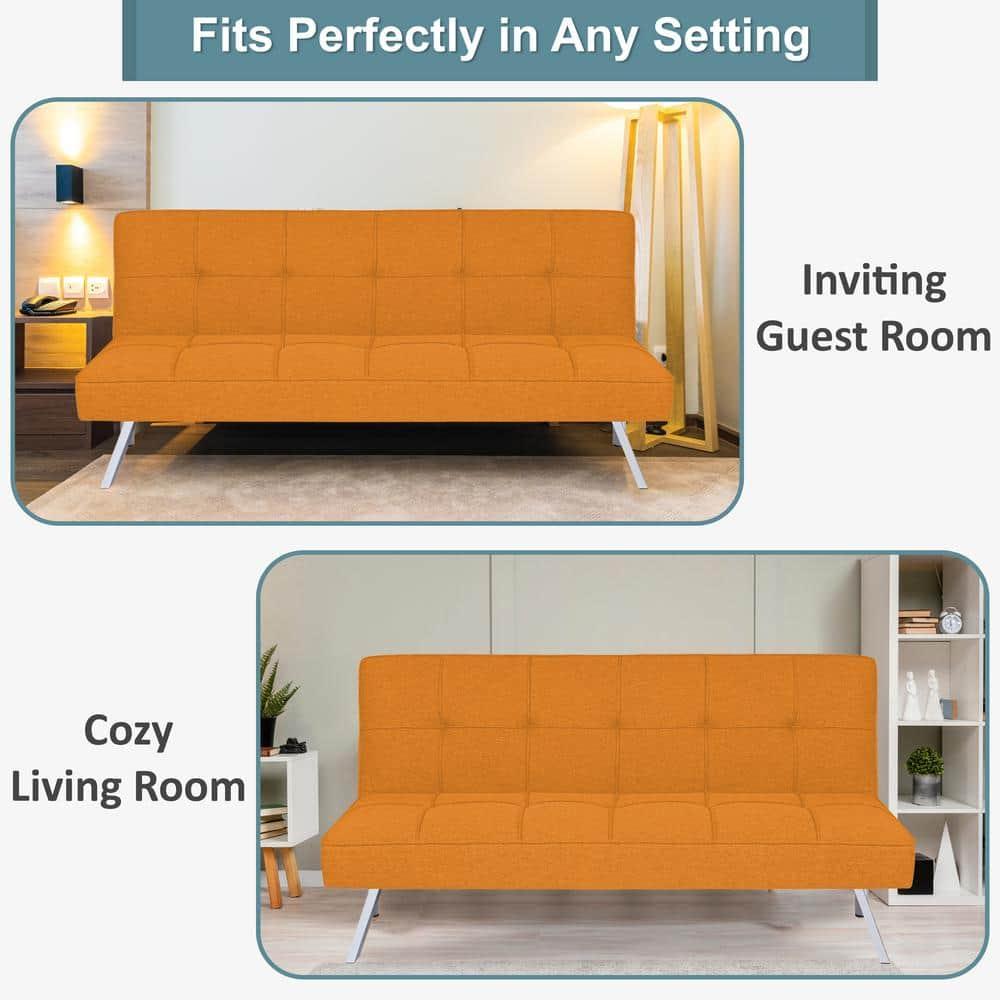 Modern Futon Sofa Bed - Compact Design for Small Spaces - Convertible Futon with Linen Fabric for Premium Comfort - Ideal Guest Couch - Stylish & Durable, Supports up to 750 lbs. - Tangerine