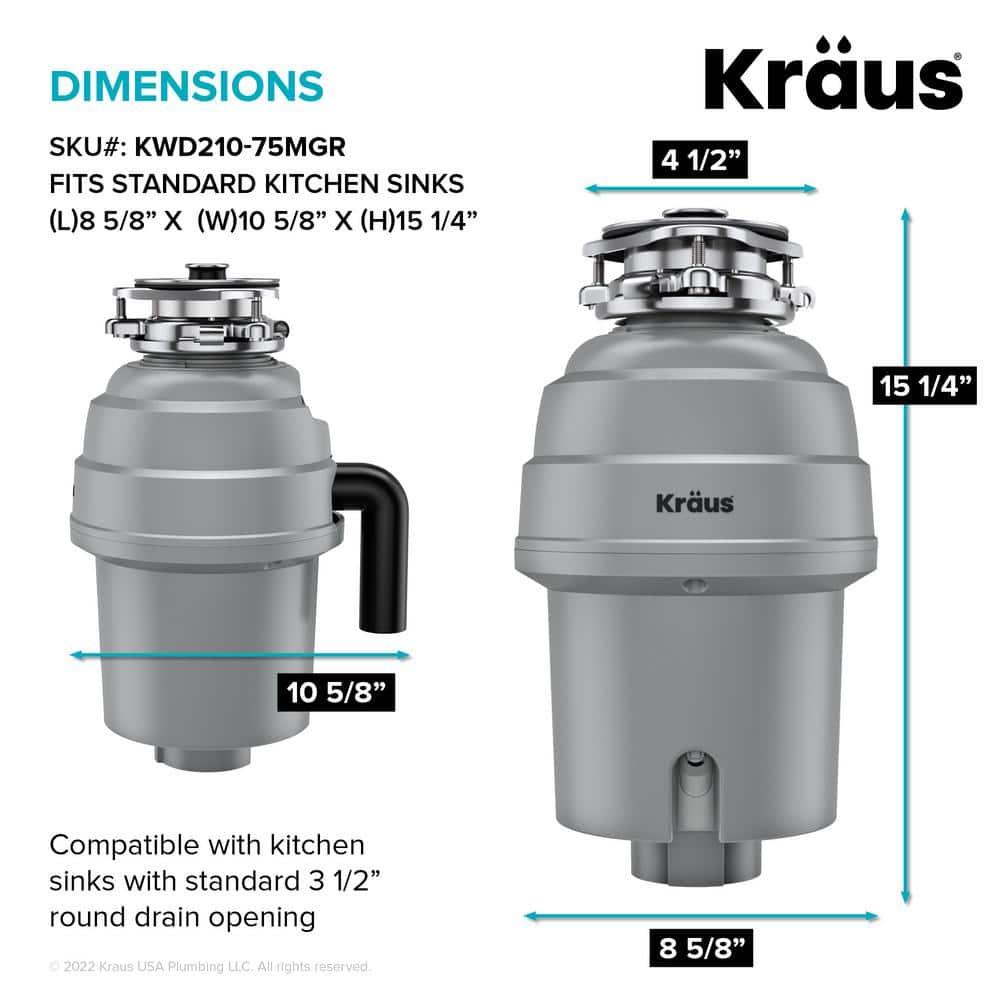 Kraus KRAUS Wasteguard High-Speed 3/4 HP Continuous Feed Ultra-Quiet Motor Garbage Disposal With Power Cord And Flange Included And Universal Mount, KWD210-75MGR