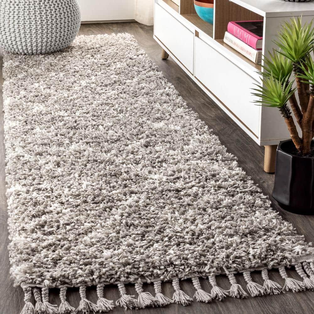 2'x8' Mercer Shag Plush Tassel Moroccan Geometric Trellis Area Rug, Grey/Cream - JONATHAN Y