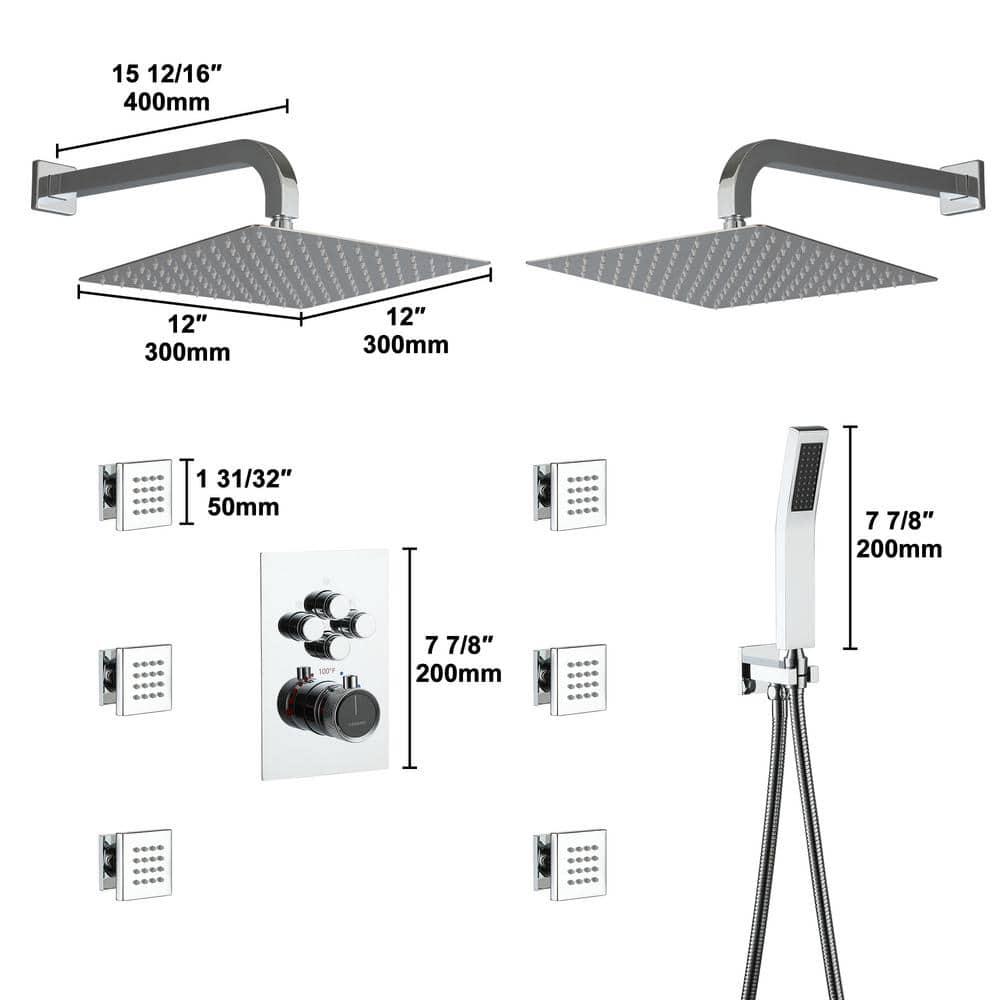 CASAINC CS6228-12CH Dual Shower Head Thermostatic Rainfall Shower System with Rough in-Valve and Shower Body Spray