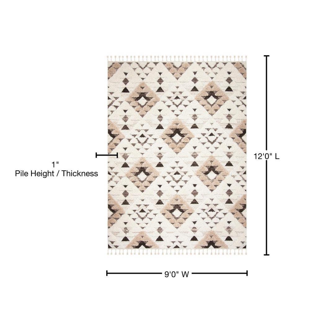 SAFAVIEH Moroccan Tassel Shag Larry Moroccan Geometric Area Rug, Ivory/Brown, 9' x 12'