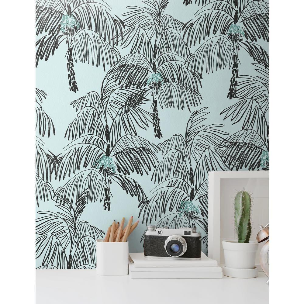 NextWall  Palm Beach Peel and Stick Wallpaper Sky Blue & Black