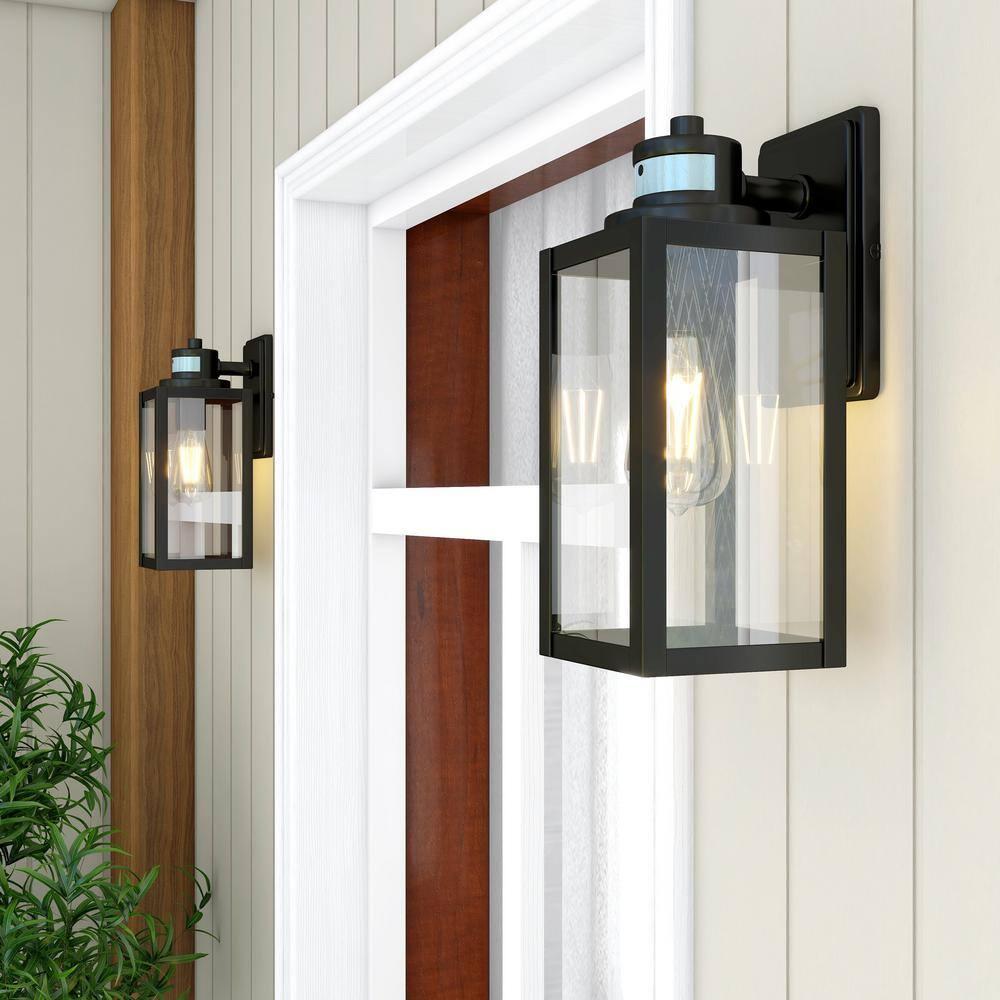 12 in. 1-Light Matte Black Motion Sensing Dusk to Dawn Outdoor Wall Lantern Sconce Sensor