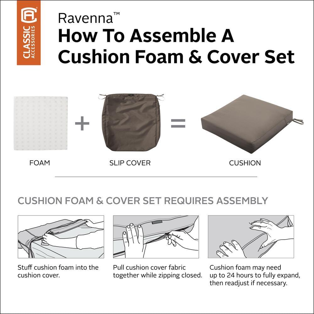 Classic Accessories Ravenna® Square Patio Seat Cushion Slip Cover & Foam - Durable Outdoor Cushion, Dark Taupe, 19"W x 19"D x 3"Thick