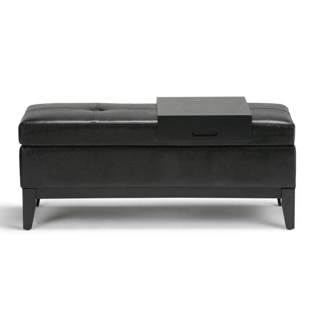 Simpli Home Oregon 42 inch Wide Contemporary Rectangle Storage Ottoman Bench with Tray in Tanners Brown Faux Leather-Finish:Midnight Black