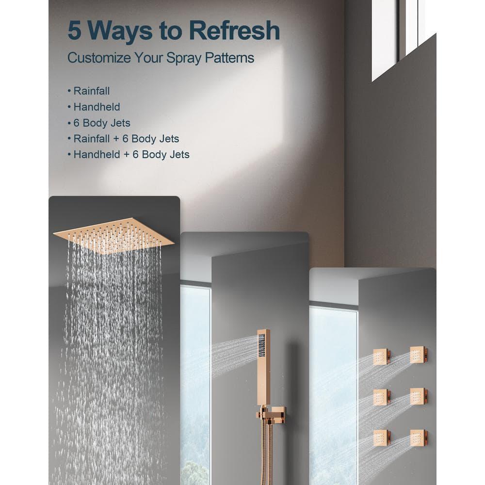 GRANDJOY RGB LED 5-Spray Shower System Ceiling Mount 12 in. Fixed and Handheld Shower Head Shower Faucet Set Thermostatic Valve Kit Rose Gold