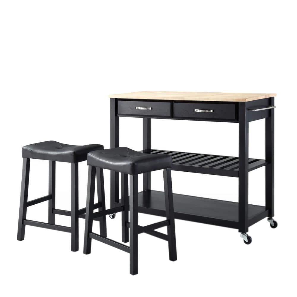 Wood Top Kitchen Prep Cart with 2 Upholstered Saddle Stools Black - Crosley: Mobile Island, Storage, Towel Bar