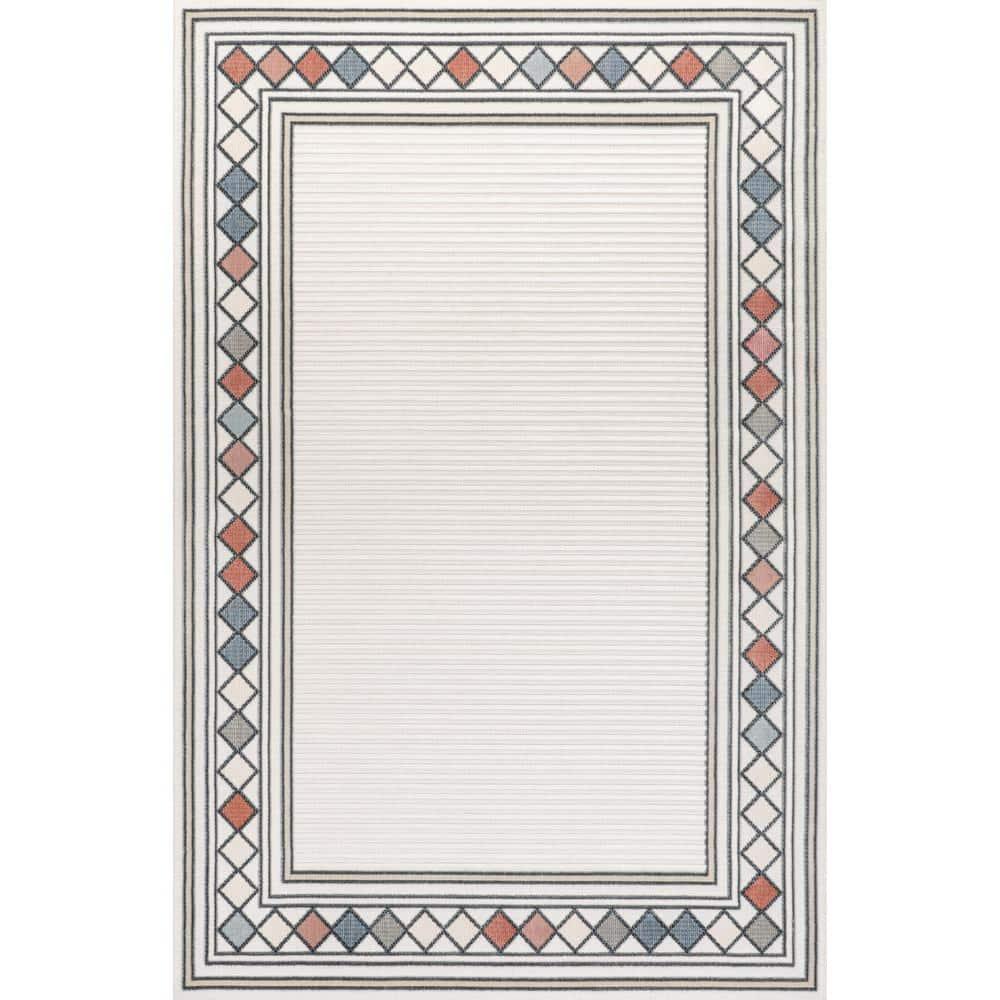 JONATHAN Y Sebastian High-Low Modern Diamond Border Ivory/Beige 3 ft. x 5 ft. Indoor/Outdoor Area Rug