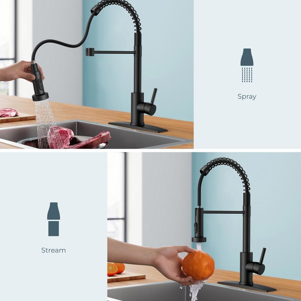 FORIOUS Black Kitchen Faucet with Soap Dispenser, Single Handle Stainless Steel Spring Sink Faucet with Pull Down Sprayer Transitional for Farmhouse Camper Laundry Camper