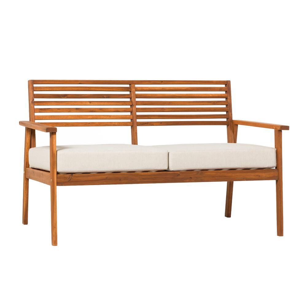 Modern Brown Solid Acacia Wood Outdoor Loveseat with Cushions