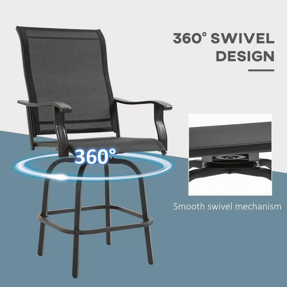 Outsunny Set of 2 Outdoor Swivel Bar Stools with Armrests, Bar Height Patio Chairs with Steel Frame for Balcony, Poolside, Backyard, Black