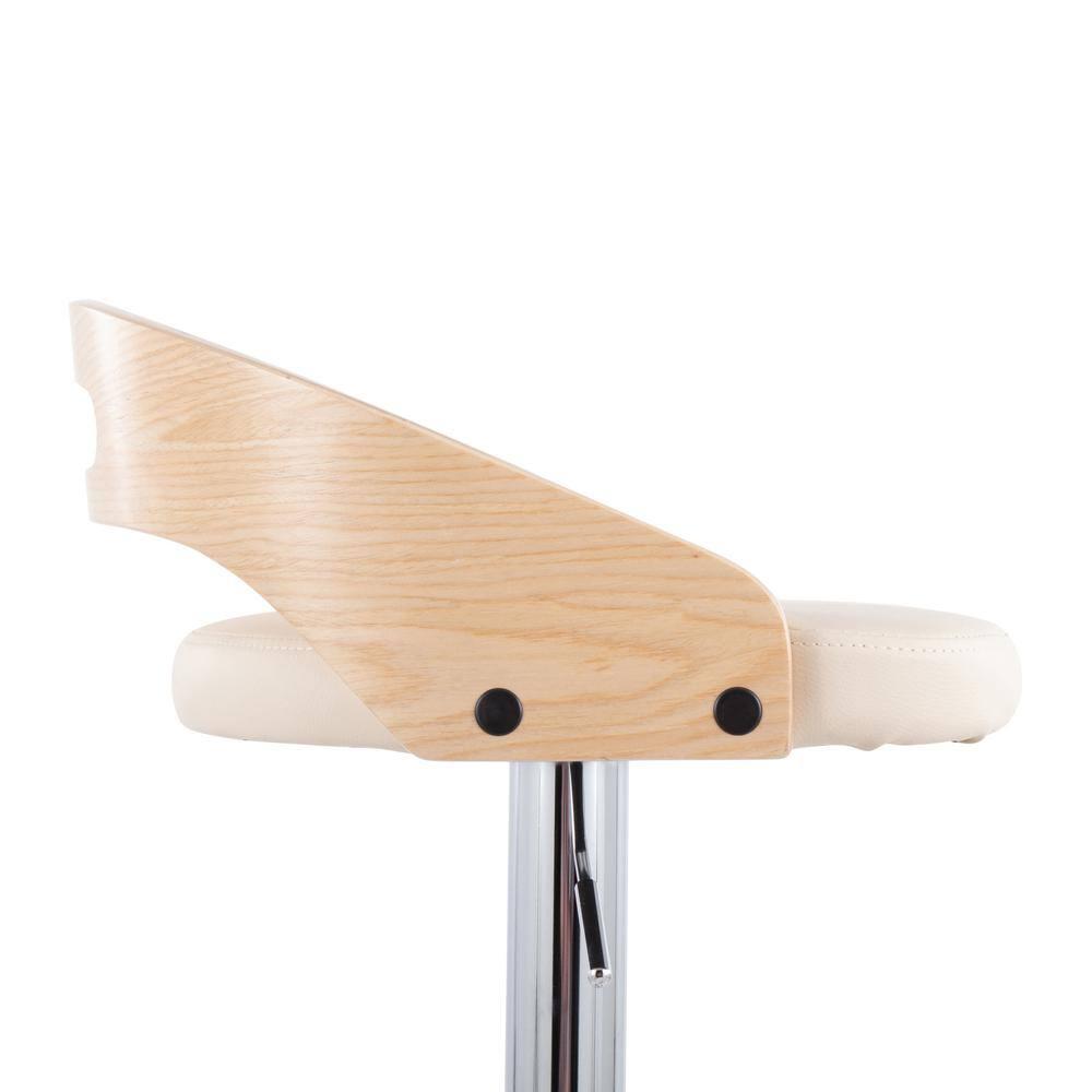 Cassis Mid-Century Modern Adjustable Barstool With Swivel In Natural Wood And Cream Faux Leather