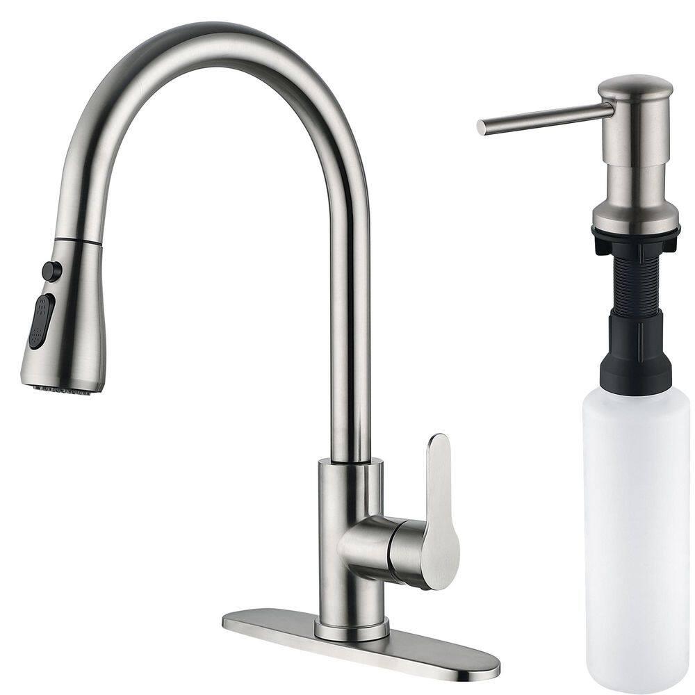 maiguoone ATKW-4047-173 Stainless Steel Single-Handle Pull-Down Sprayer Kitchen Faucet with Soap Dispenser in Brushed Nickel