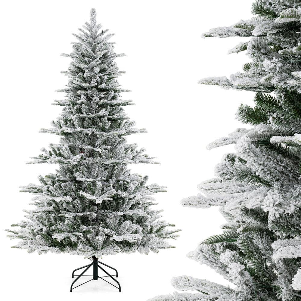 Costway 7Ft Premium Hinged Snow Flocked Slim Artificial Christmas Fir Tree w/ Pine Cones