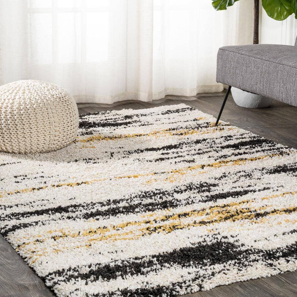 8'x10' Nova Modern Bold Strie' Shag Area Rug, Beige/Black/Yellow - JONATHAN Y