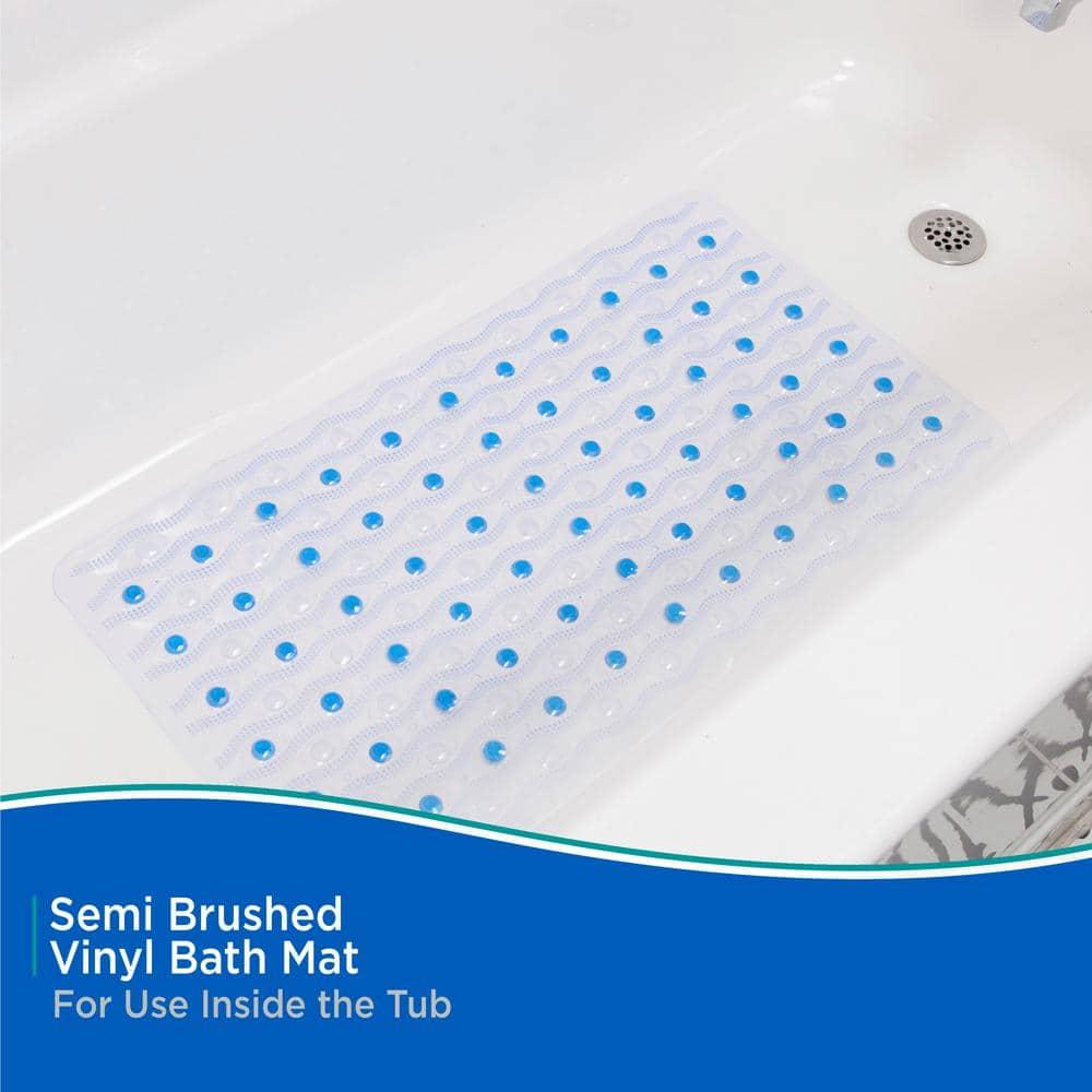 Kenney® Inside the Shower Vinyl Semi-Brushed Bath Mat with Suction Cups and Drain Holes, 27.5" L x 15.5" W, Clear and Blue