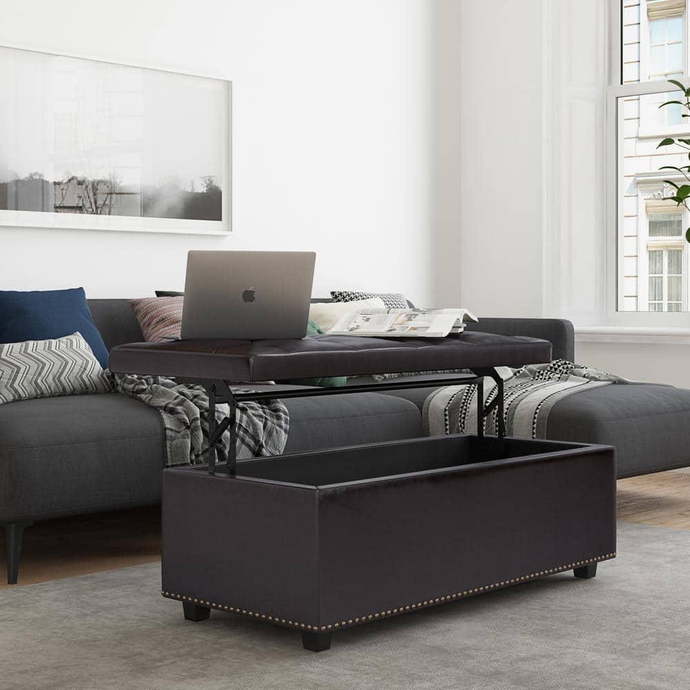 Simpli Home Hamilton 44"W Upholstered Lift-Top Storage Ottoman with Nailhead Trim and Tufted Detailing