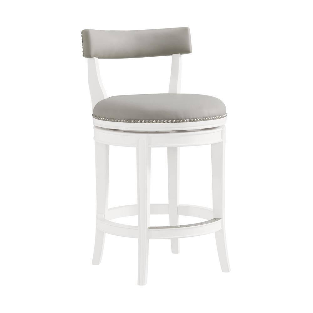 Alaterre Hanover Swivel Bar Height Stool, White and Gray, 30-Inch Seat Height, Solid Rubberwood Frame with Faux Leather Upholstery, Nailhead Trim, Memory Return Swivel, Ideal for Kitchen, Dining Area, Set of 2