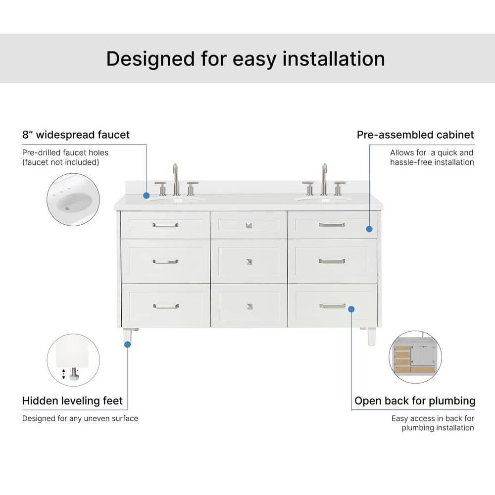 Ariel Monrow 67 Inch Double Oval Sink Bathroom Vanity With Pure White Quartz Countertop