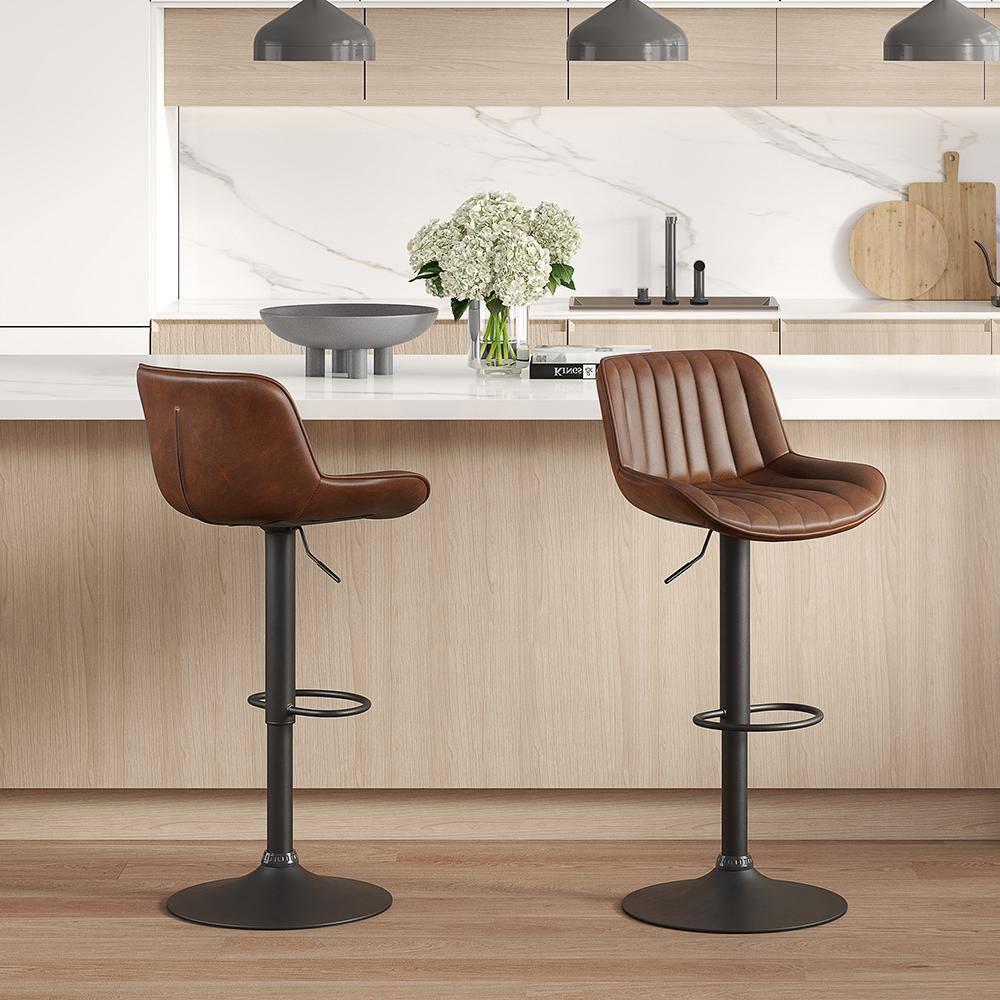 Art Leon Rustic Bar Stools Set of 2, Faux Leather with Backrest Chrome Legs, Upholstered Swivel Kitchen Stools, Cognac