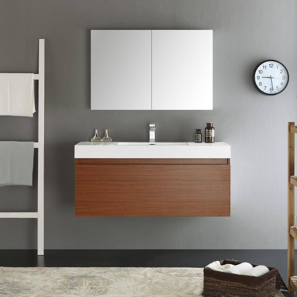 Mezzo 48" Wall Mount Single Sink Modern Bathroom Vanity with Medicine Cabinet - Faucet Not Included