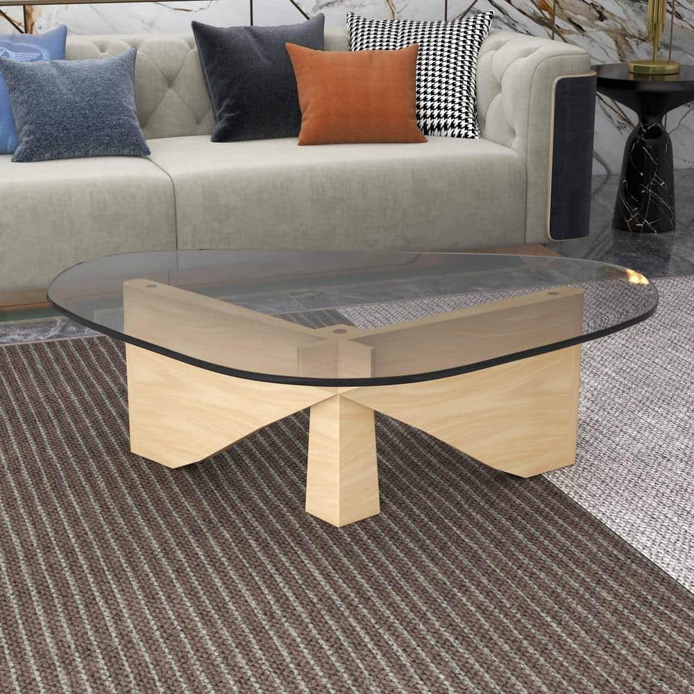 LeisureMod Imperial Collection Triangular Glass Top Coffee Table with Glossy Ash Wood Base for Home, Living Room, Office