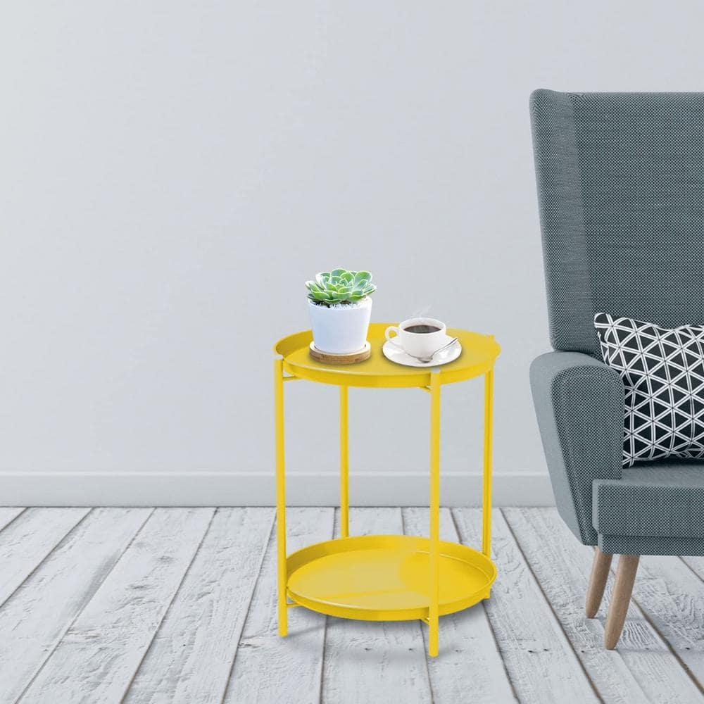 Grand Patio Indoor & Outdoor Side Table 2-Tier, Weather-Resistant Steel Round End Table for Porch, Poolside, Bedroom, Living Room, Yellow