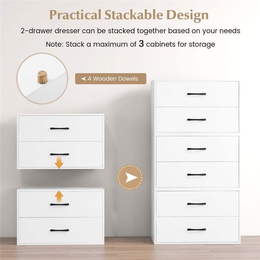 LOKO 2-Drawer Stackable Dresser, Lateral File Cabinet with Metal Handle, Horizontal Storage Cabinet with Anti-Topping Kits, Stacking Drawer Chest for Living Room, Study, Office (1, White)