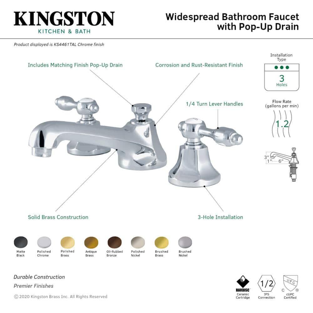 Kingston Brass Metropolitan Two-Handle 3-Hole Deck Mount Widespread Bathroom Faucet with Brass Pop-Up Drain