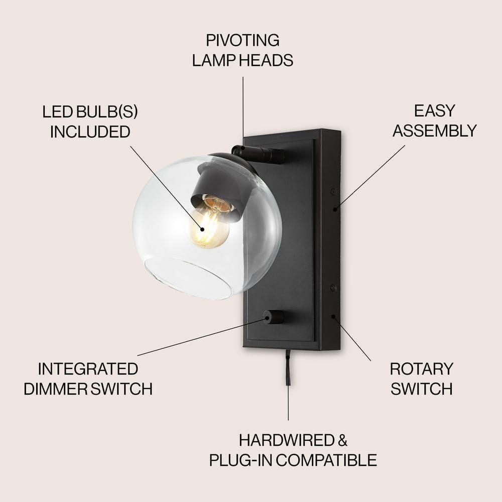 Hugo 6" 1-Light Minimalist Modern Plug-In or Hardwired Adjustable Iron LED Wall Sconce with Rotary Dimmer, Oil Rubbed Bronze with Clear Globe