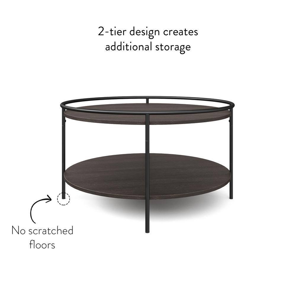 Nathan James Paloma Round Coffee Tea or Cocktail with Raised Tray Top Edge Tables, 2-Tier Minimalist Style Living Room, Dark Oak/Matte Black