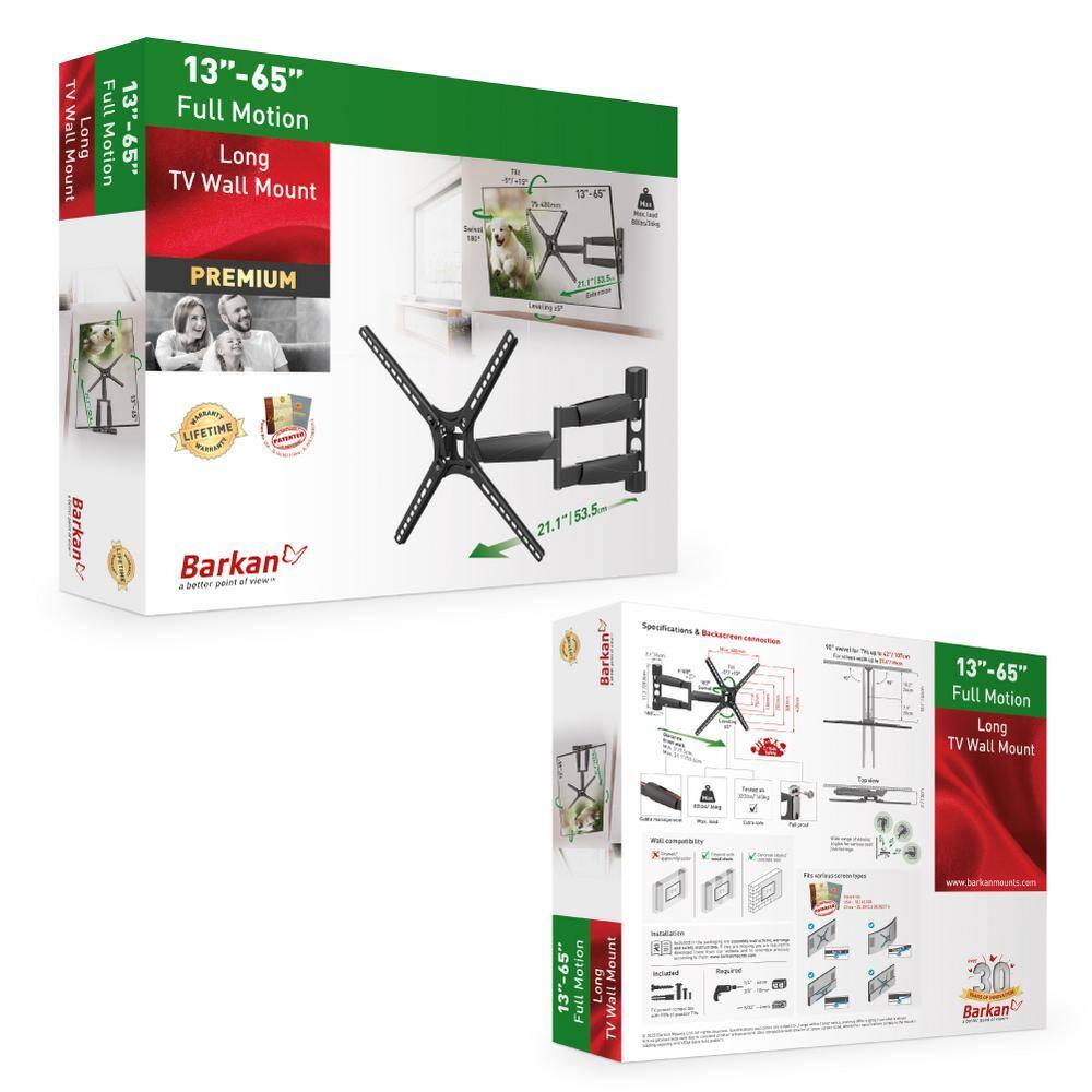 Barkan 13" - 65" Long TV Wall Mount. Full Motion - Extension, Swivel & Tilt