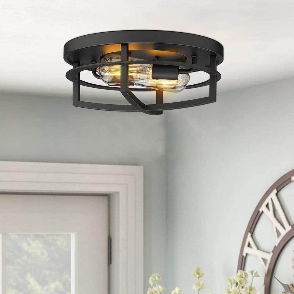 Ceiling Light Fixture,2-Light Farmhouse Flush Mount Ceiling Light for Hallway Foyer Bedroom,13 inch Black Finish,4FW01-F BK