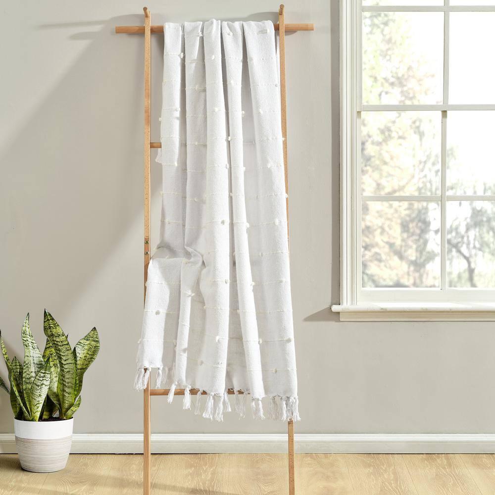 50"x60" Boho Tufted Cotton Woven Tassel Throw Blanket with Fringes White - Lush Décor: Lightweight, Cozy, Machine Washable