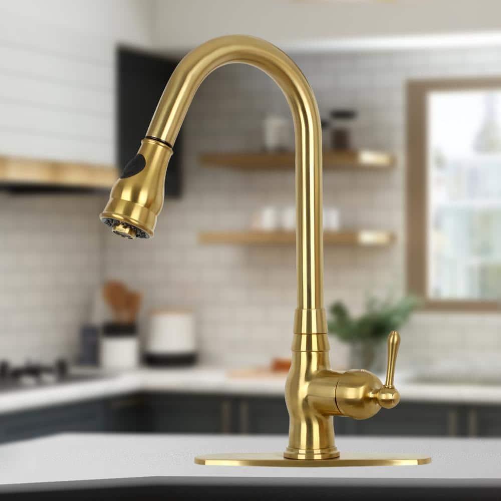 Akicon One-Handle Pull-Down Kitchen Faucet Single Level Solid Brass Kitchen Sink Faucet with Deck Plate (Brushed Gold)