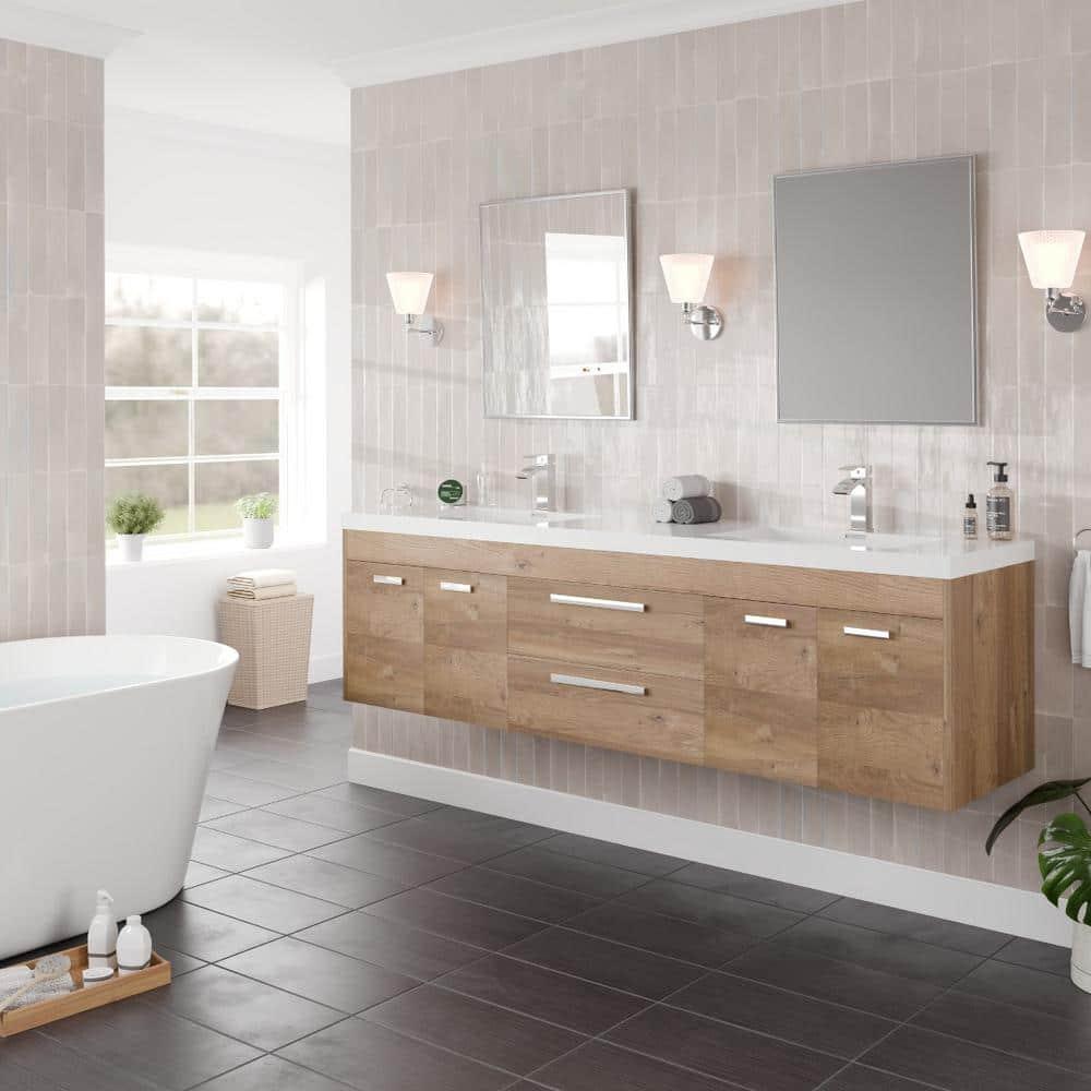 Wade Logan® Wauconda 72"W X 20"D Wall Mount Double Sink Bathroom Vanity With White Acrylic Countertop And Integrated Sinks