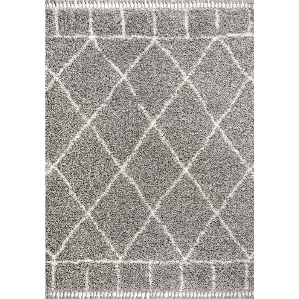4'x6' Mercer Shag Plush Tassel Moroccan Geometric Trellis Area Rug, Grey/Cream - JONATHAN Y