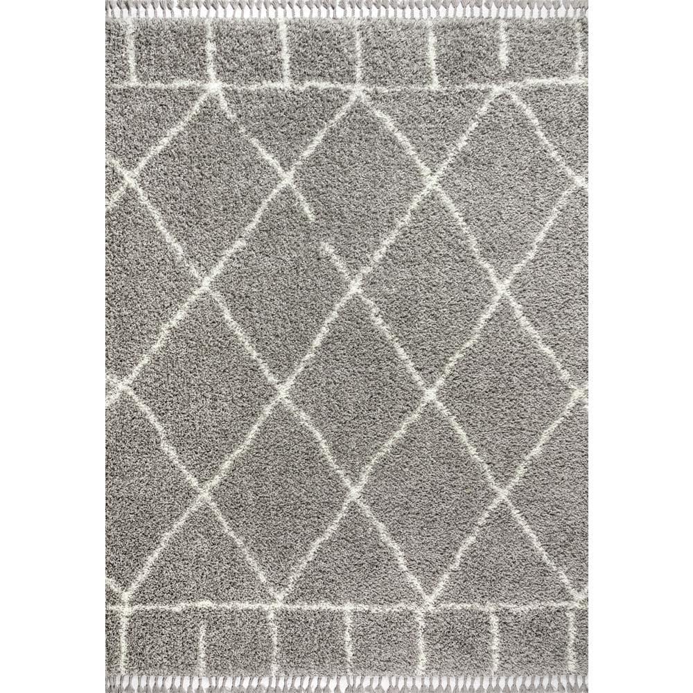 5'x8' Mercer Shag Plush Tassel Moroccan Geometric Trellis Area Rug, Grey/Cream - JONATHAN Y