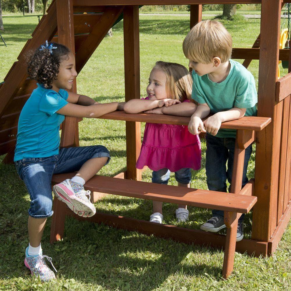 Swing-N-Slide Knightsbridge Wooden Backyard Swing Set with Alpine Wave Slide, Glider Swing, and Rock Climbing Wall